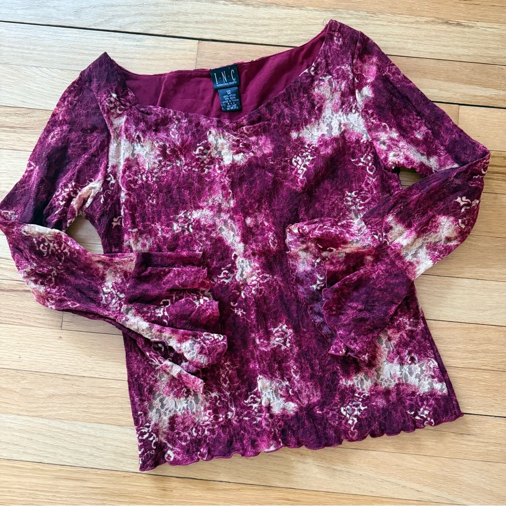INC Burgundy and Cream Lace Top - M